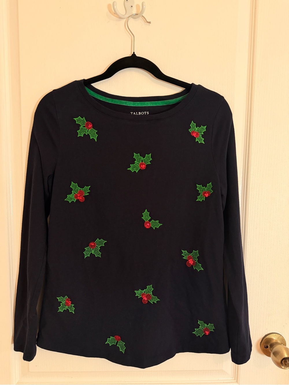 Navy Blue Christmas Holly Berry Embroidered Long Sleeve Top Classic Holiday